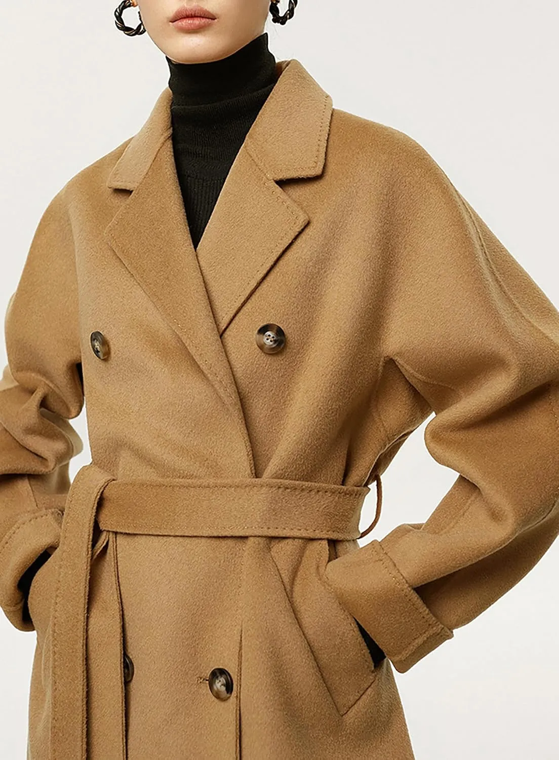 Babalet 100 Wool Double-faced Women Wool Blend Coat Double-breasted Casual Cashmere Coat Belted Trench Jacket with Pockets