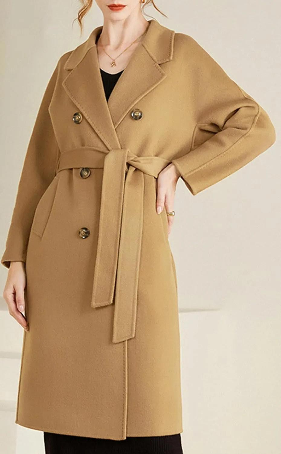 Babalet 100 Wool Double-faced Women Wool Blend Coat Double-breasted Casual Cashmere Coat Belted Trench Jacket with Pockets