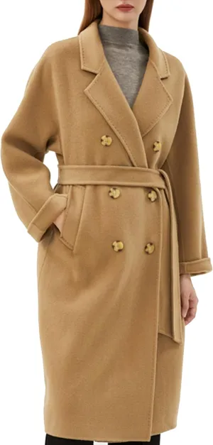 Babalet 100 Wool Double-faced Women Wool Blend Coat Double-breasted Casual Cashmere Coat Belted Trench Jacket with Pockets