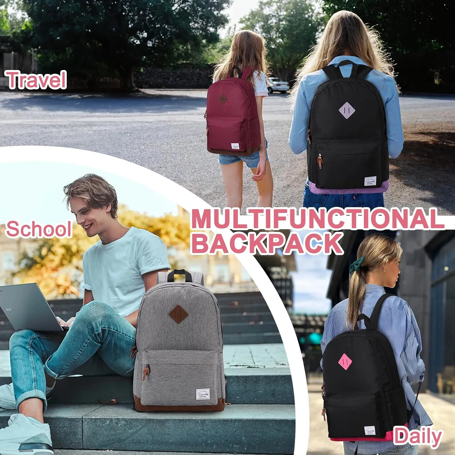 Backpack for Men Women,VASCHY Classic Water-resistant Lightweight Travel School Backpack Casual Daypack