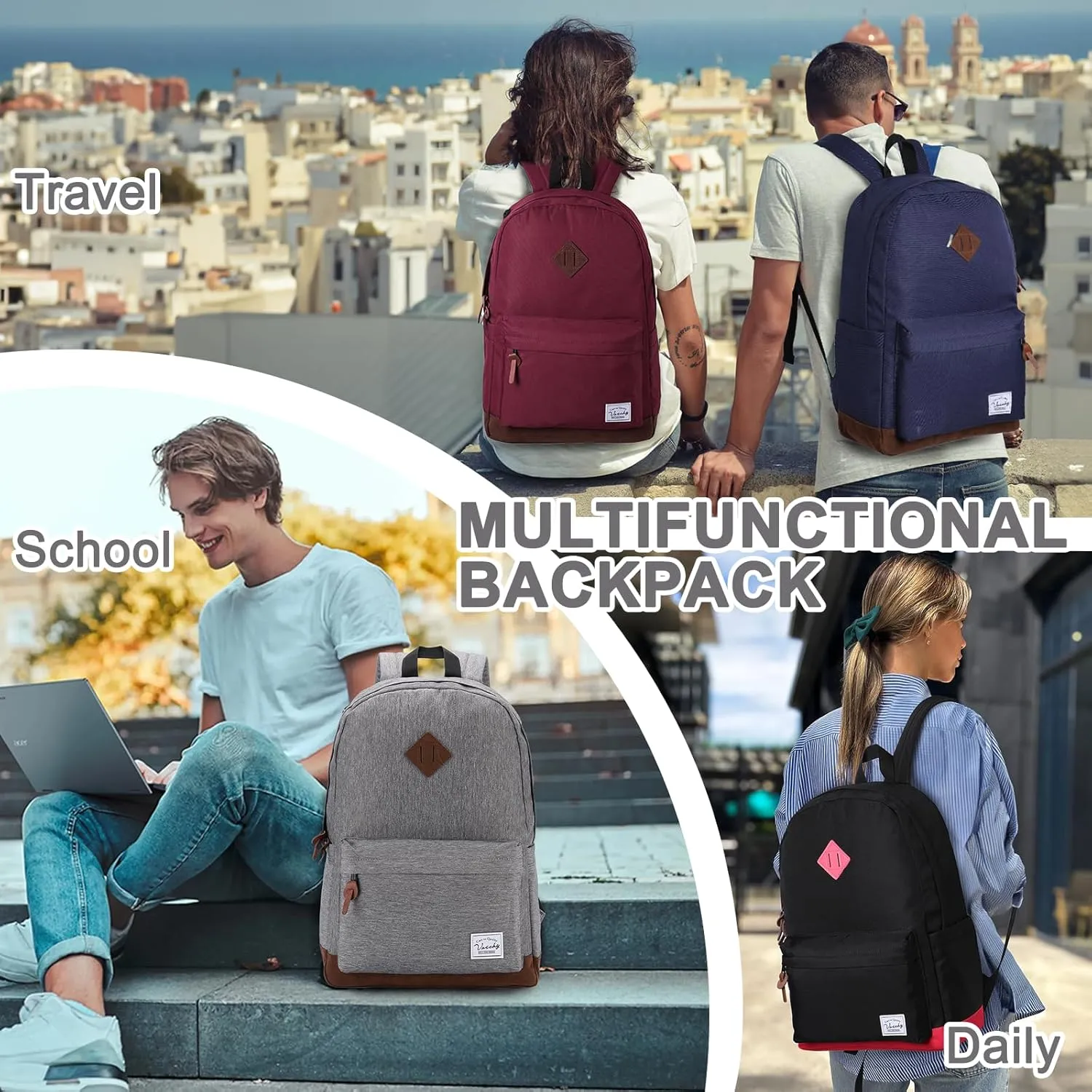 Backpack for Men Women,VASCHY Classic Water-resistant Lightweight Travel School Backpack Casual Daypack