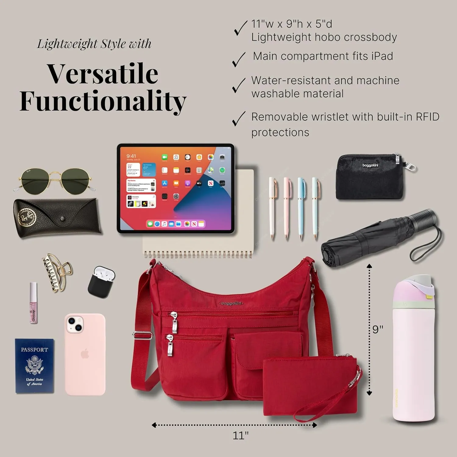 Baggallini Everywhere Bagg Crossbody Women 11x9 Lightweight Nylon Hobo Water-Resistant Travel Bag W/RFID
