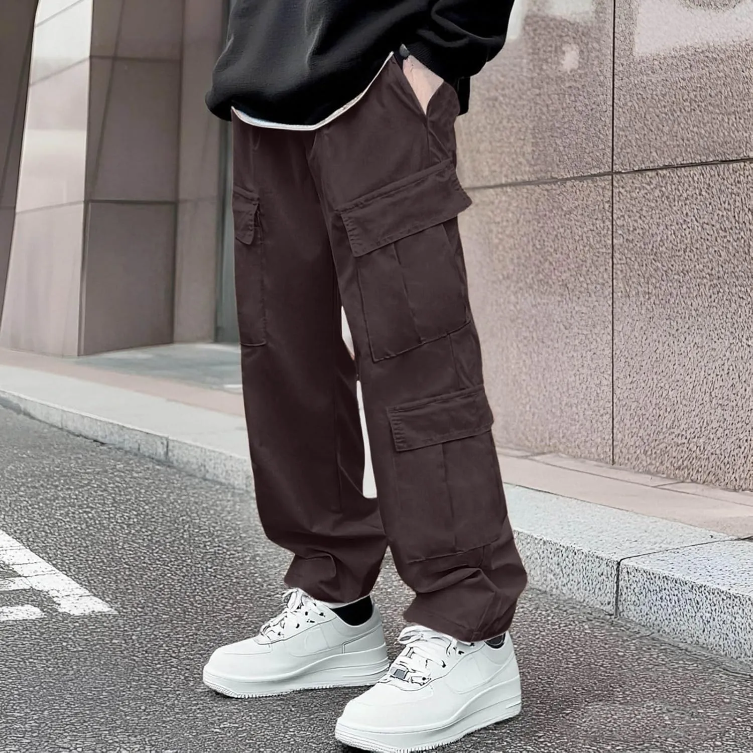 Baggy Cargo Pants Men Multi Pockets Elastic Waist Workout Travel Pants Drawstring Relaxed Fit Work Tactical Trousers