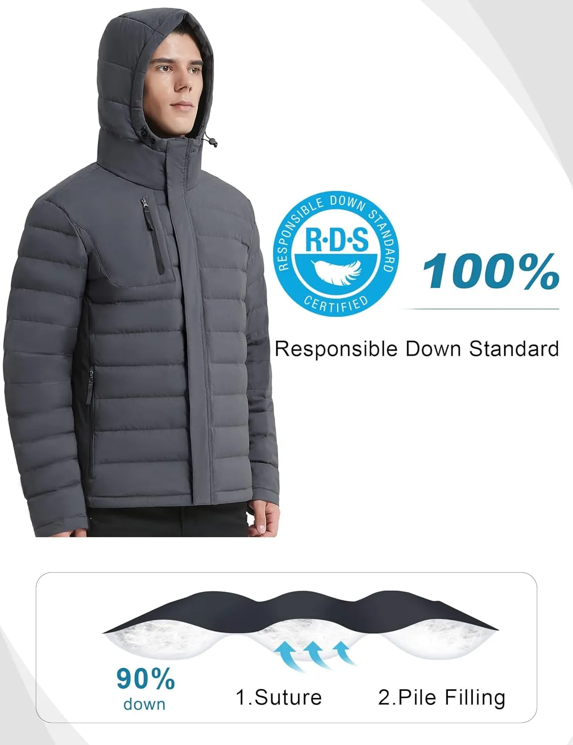Bakery Men's Puffer Jacket Lightweight Water Resistant Hooded Down Jacket Insulated Winter Warm Coat