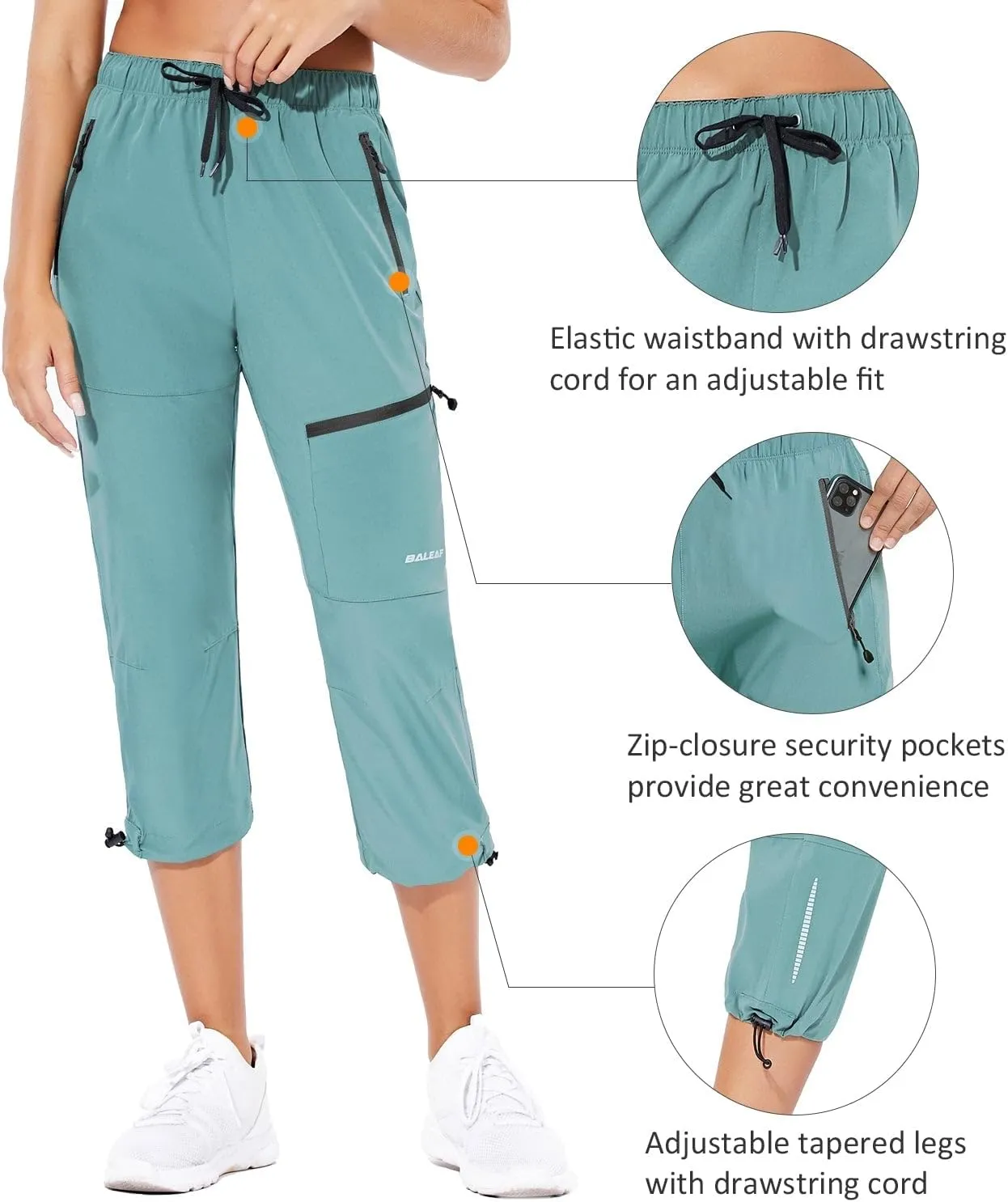 baleaf Women's Hiking Cargo Capris Outdoor Lightweight Water Resistant Pants UPF 50 Zipper Pockets