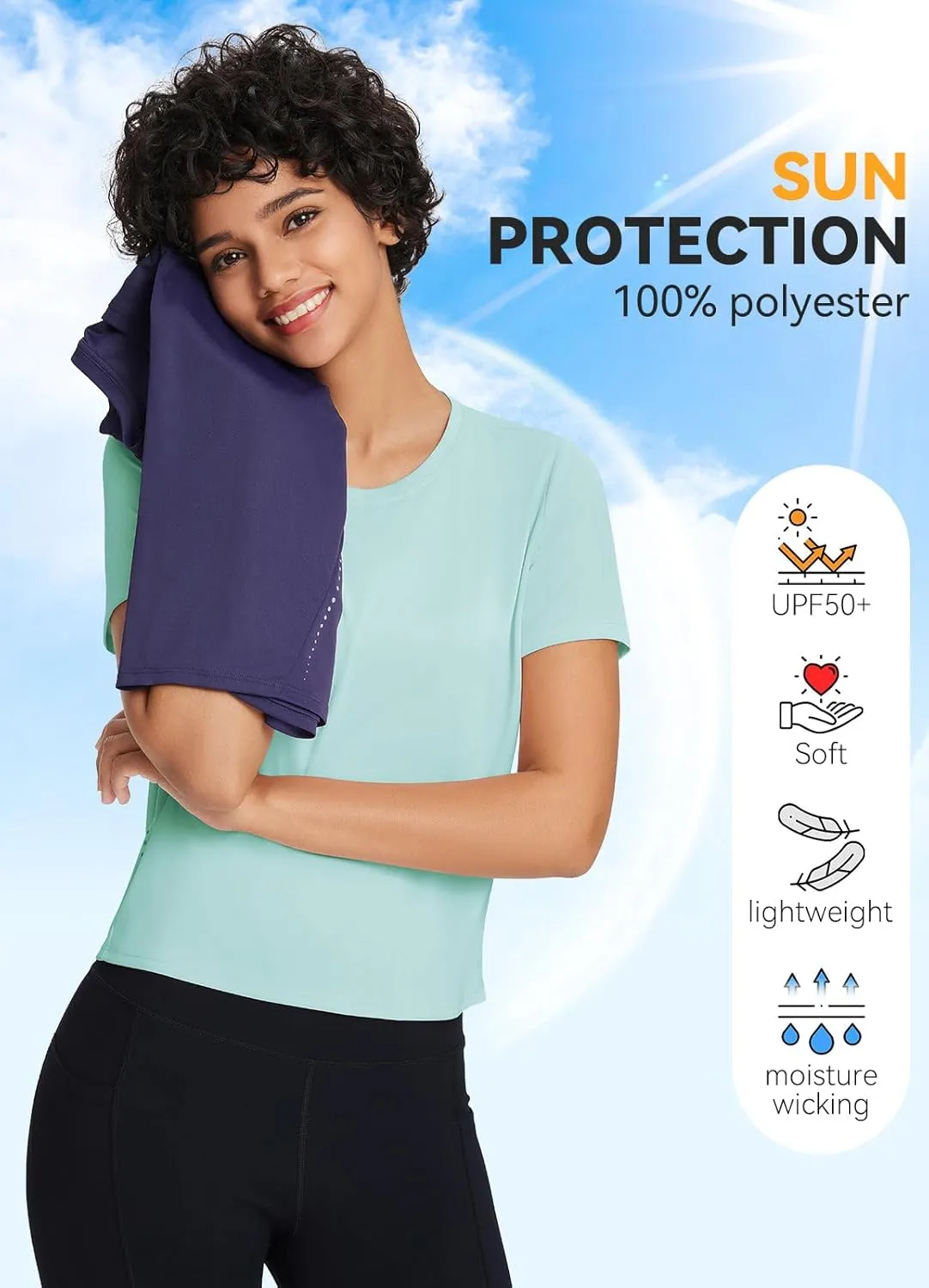 baleaf Women's Workout Tops Athletic Shirts Cropped Short Sleeve Split Back Running Gym Quick Dry Sun Protection UPF 50 