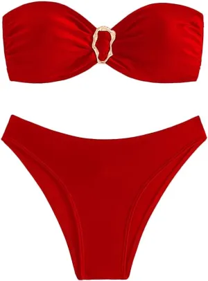 Bandeau Bikini Set Womens Self-Tie Back Swimsuit 2 Piece Cheeky High Cut Swimwear