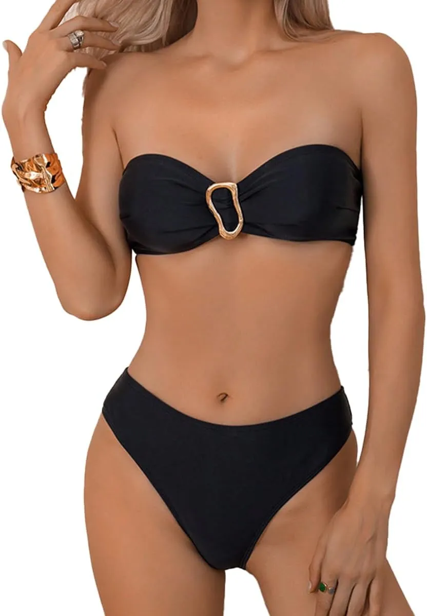 Bandeau Bikini Set Womens Self-Tie Back Swimsuit 2 Piece Cheeky High Cut Swimwear