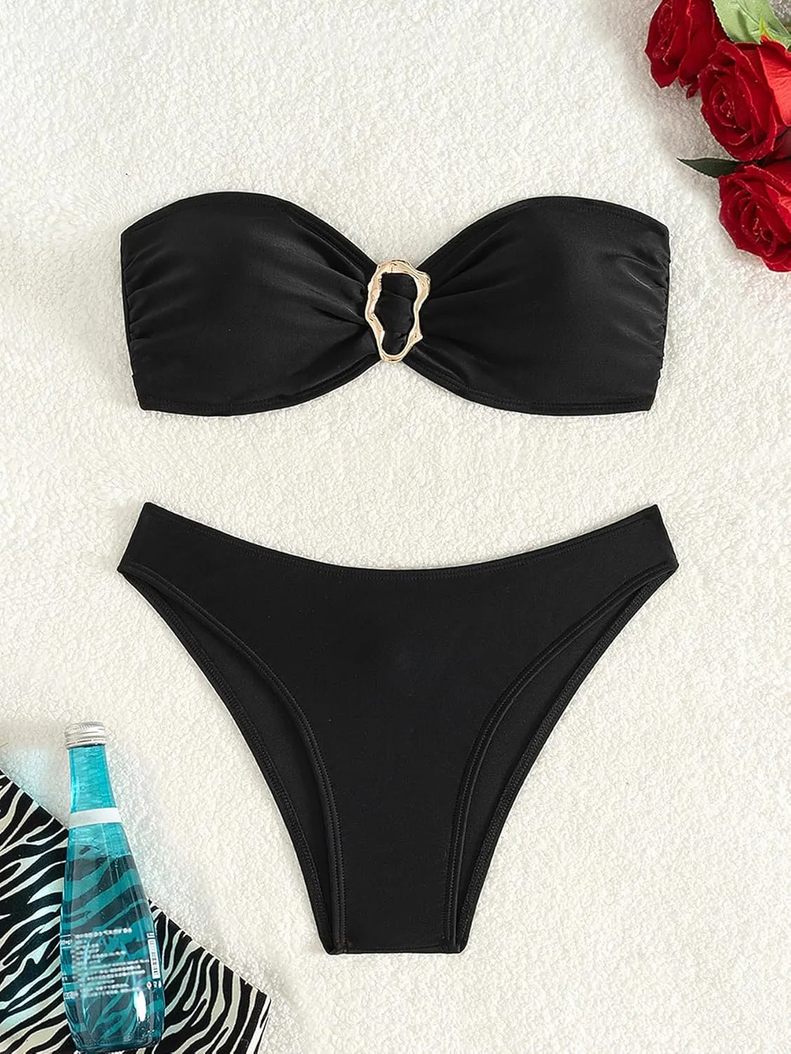 Bandeau Bikini Set Womens Self-Tie Back Swimsuit 2 Piece Cheeky High Cut Swimwear
