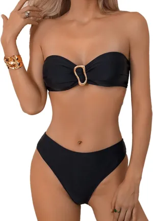 Bandeau Bikini Set Womens Self-Tie Back Swimsuit 2 Piece Cheeky High Cut Swimwear