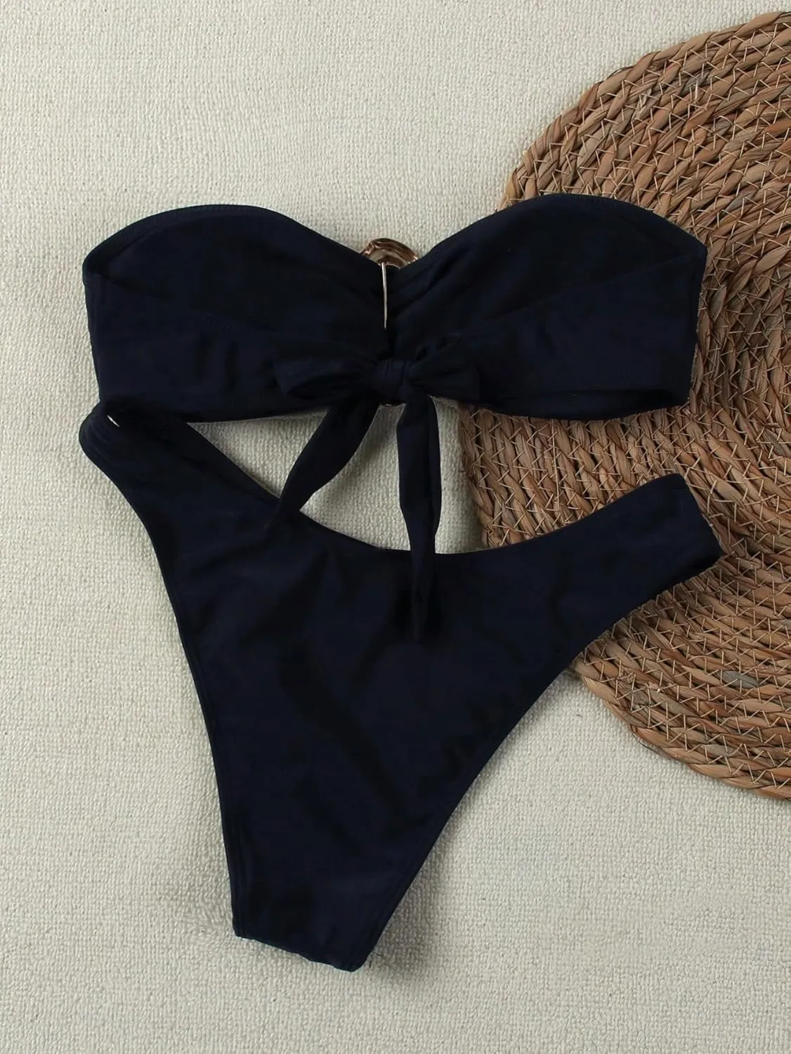 Bandeau Bikini Set Womens Self-Tie Back Swimsuit 2 Piece Cheeky High Cut Swimwear