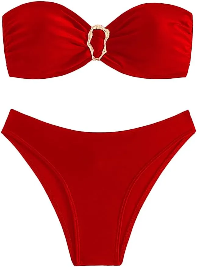 Bandeau Bikini Set Womens Self-Tie Back Swimsuit 2 Piece Cheeky High Cut Swimwear