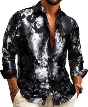 Barry.Wang Men's Silk Shirts Button Down Dress Shirt for Men Satin Paisley Floral Long Sleeve Cowboy Casual Mexico Shirts