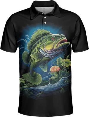 Bass Fish Polo Shirts for Men - Bass Fish Lover Stylish Mens Goft Shirt Casual Short Sleeve Button Down Outfit Set 75