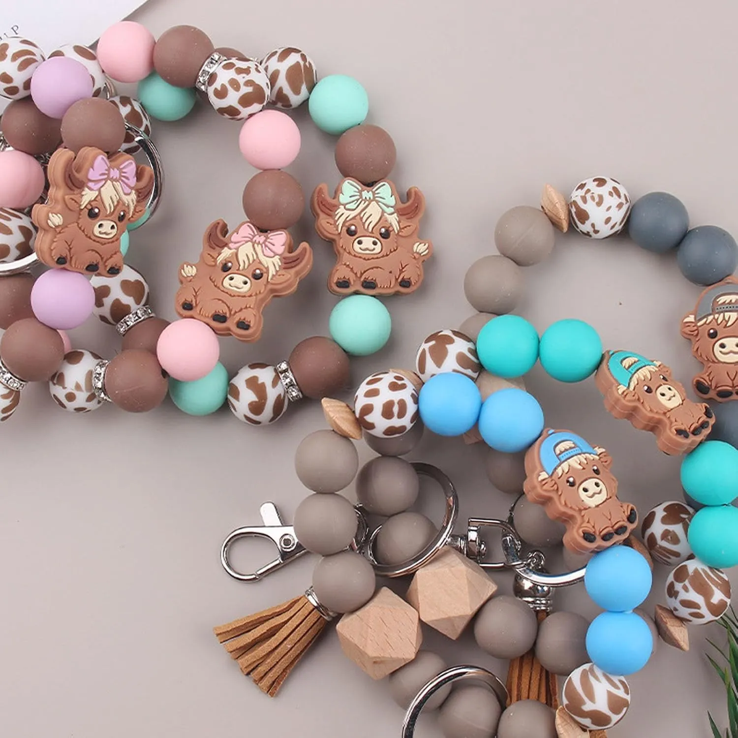 Beaded Wristlet Keychain for Women Cute Wrist Key Chain Leopard Silicone Key Ring Elastic Bowknot Cow Bracelet