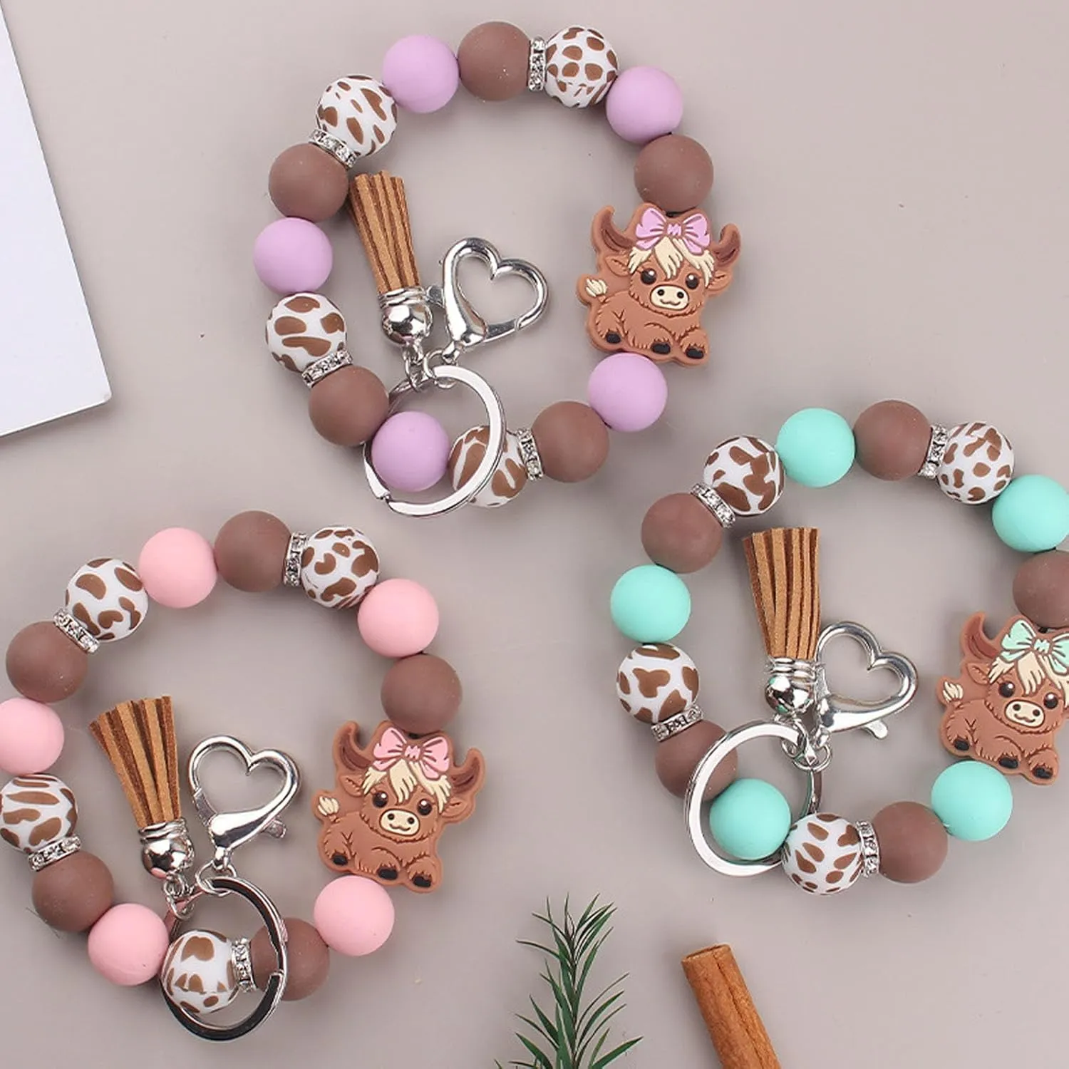 Beaded Wristlet Keychain for Women Cute Wrist Key Chain Leopard Silicone Key Ring Elastic Bowknot Cow Bracelet