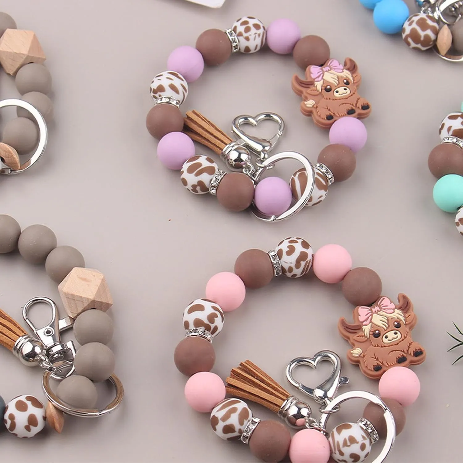 Beaded Wristlet Keychain for Women Cute Wrist Key Chain Leopard Silicone Key Ring Elastic Bowknot Cow Bracelet