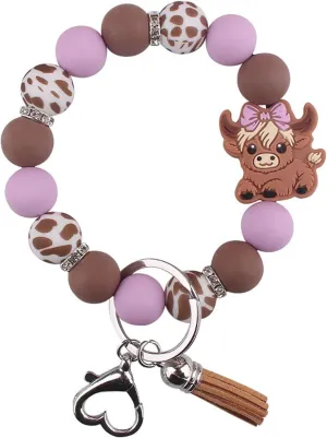 Beaded Wristlet Keychain for Women Cute Wrist Key Chain Leopard Silicone Key Ring Elastic Bowknot Cow Bracelet