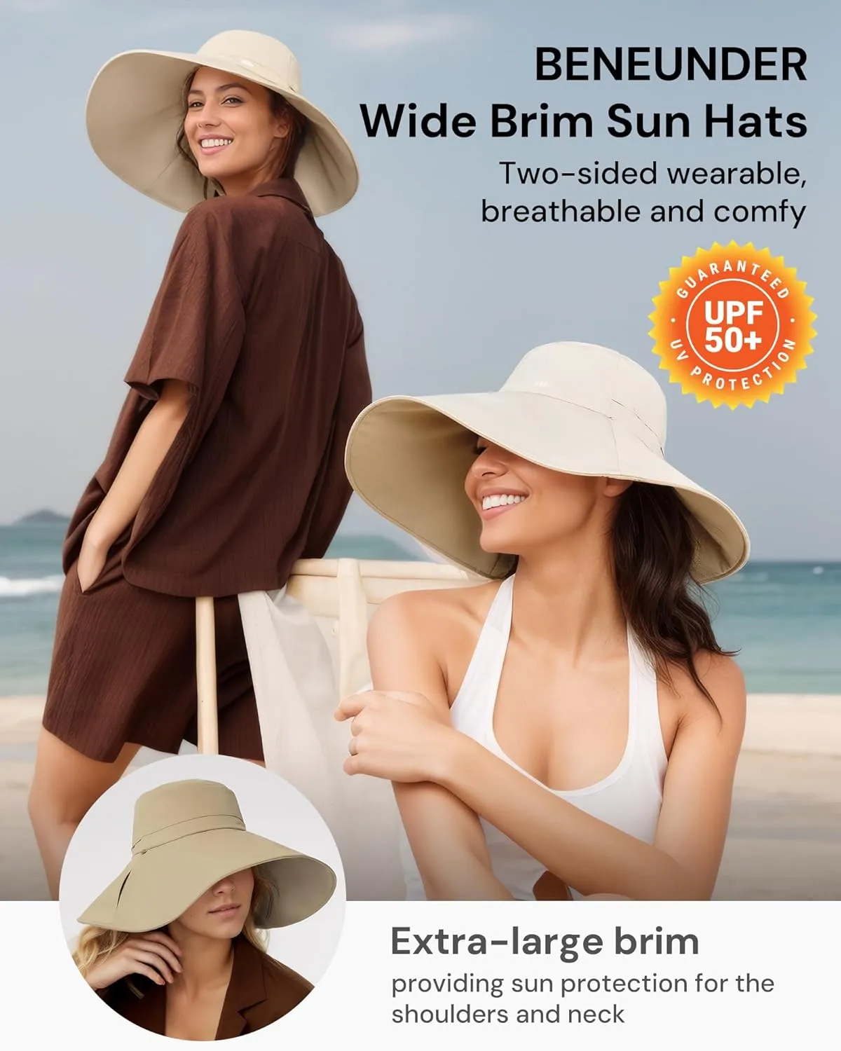 BENEUNDER Reversible Wide Brim Sun Bucket Hats UPF50  UV Protection Foldable for Women Outdoor Beach Vacation Travel