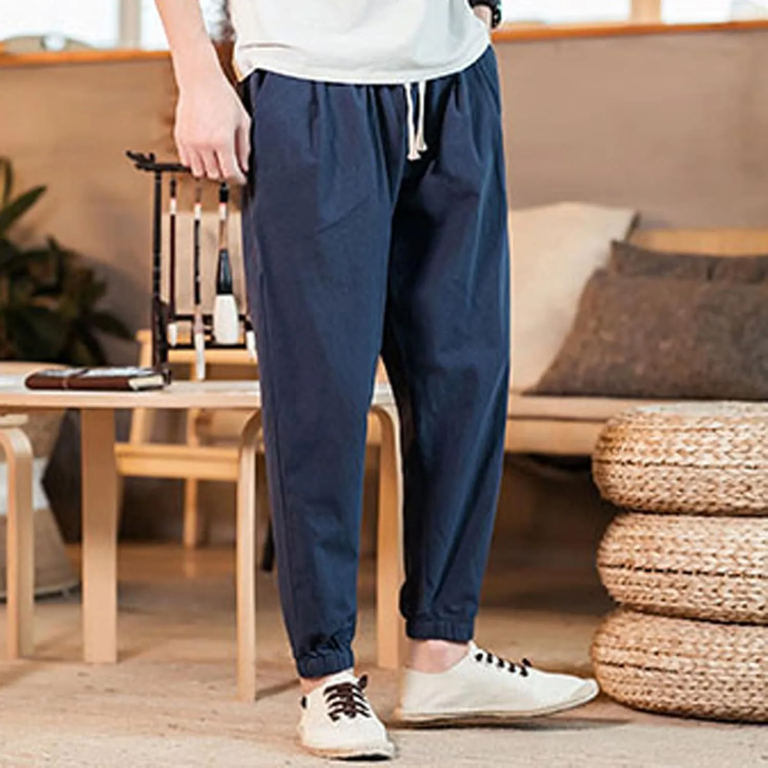 Big and Tall Linen Pants for Men Drawstring Loose Fit Joggers Elastic Waist Breathable Lounge Pants Summer Trousers