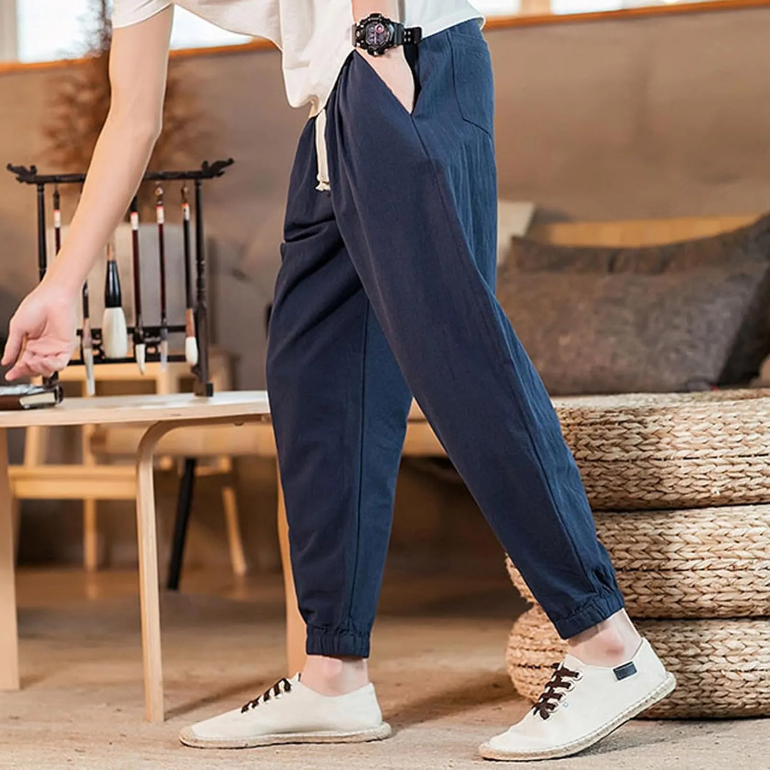 Big and Tall Linen Pants for Men Drawstring Loose Fit Joggers Elastic Waist Breathable Lounge Pants Summer Trousers