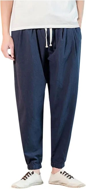 Big and Tall Linen Pants for Men Drawstring Loose Fit Joggers Elastic Waist Breathable Lounge Pants Summer Trousers