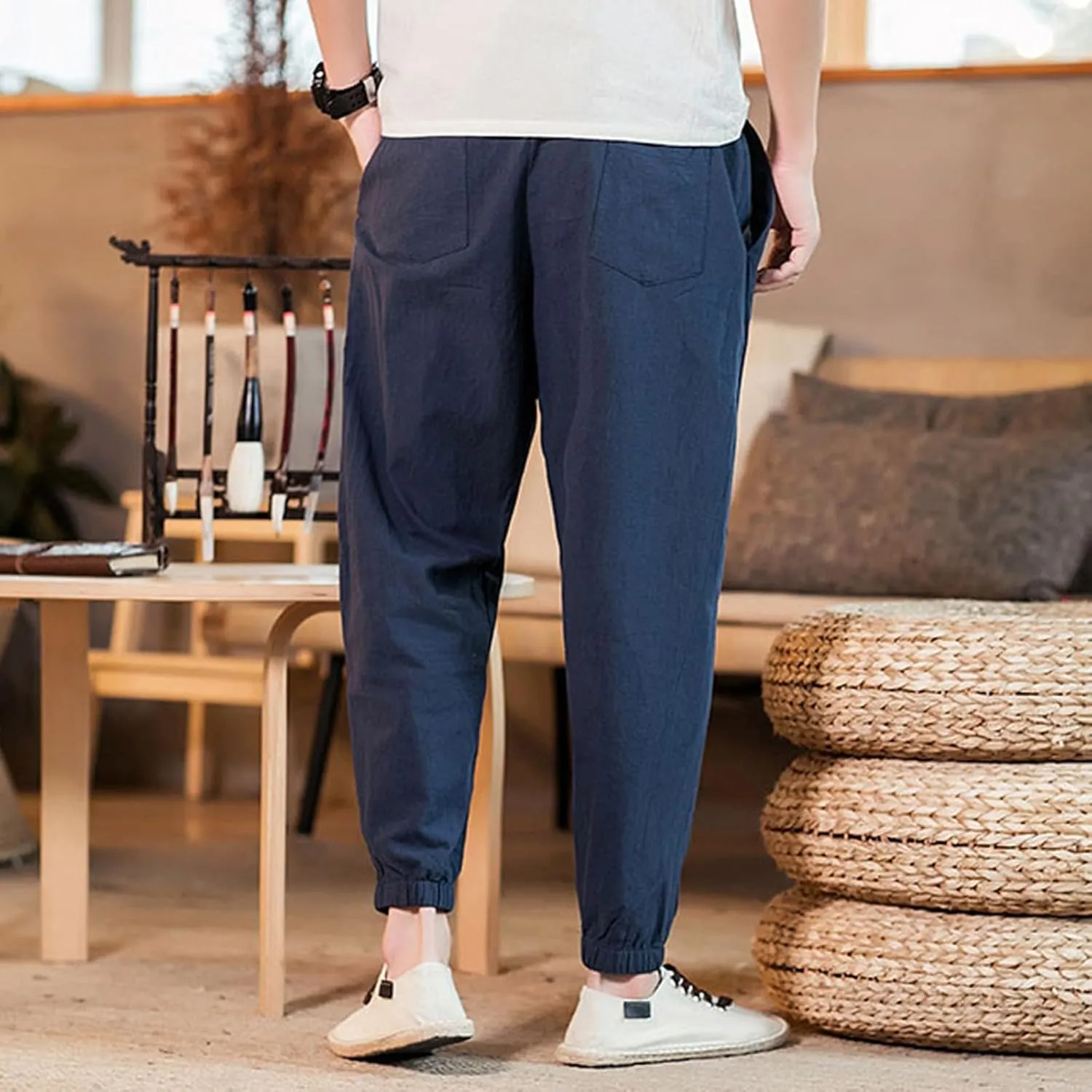 Big and Tall Linen Pants for Men Drawstring Loose Fit Joggers Elastic Waist Breathable Lounge Pants Summer Trousers