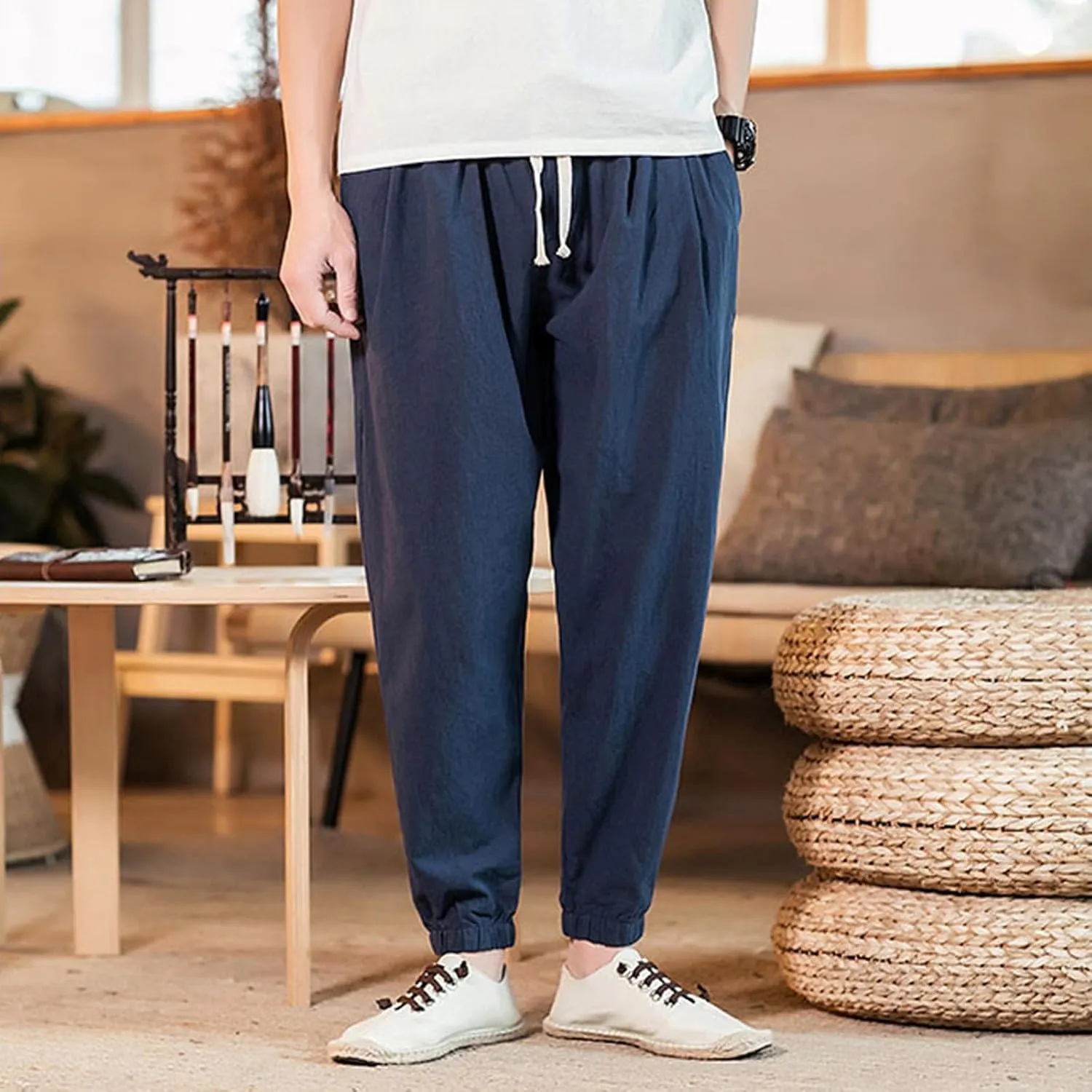 Big and Tall Linen Pants for Men Drawstring Loose Fit Joggers Elastic Waist Breathable Lounge Pants Summer Trousers