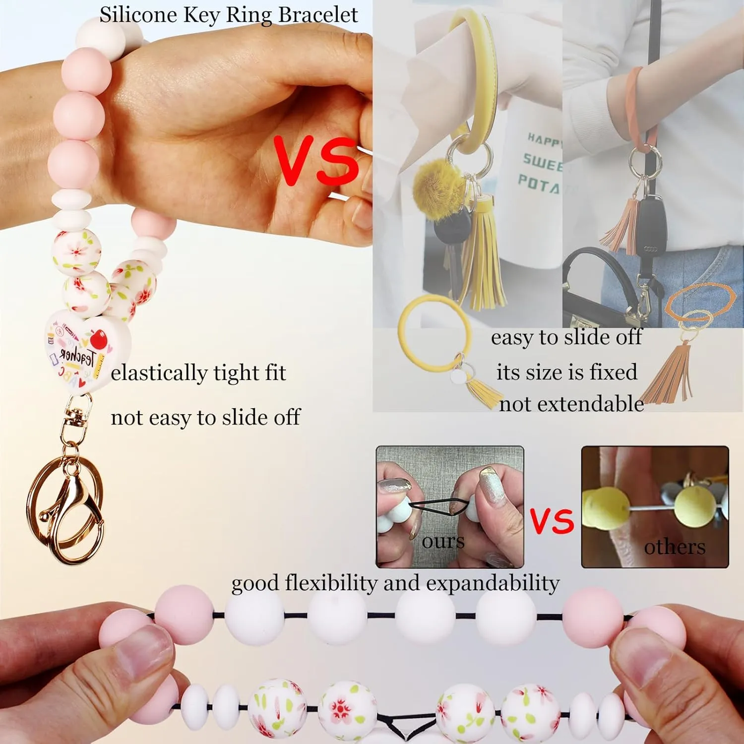 BIHRTC Silicone Bead Keychain Bracelet Wristlet Keychain Key Ring Bracelet Bangle Chain for Women Car Key Chain Ring