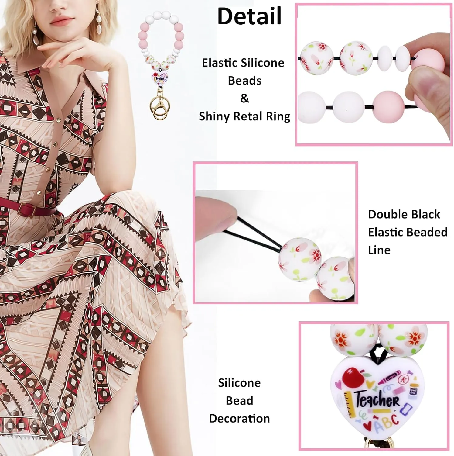 BIHRTC Silicone Bead Keychain Bracelet Wristlet Keychain Key Ring Bracelet Bangle Chain for Women Car Key Chain Ring