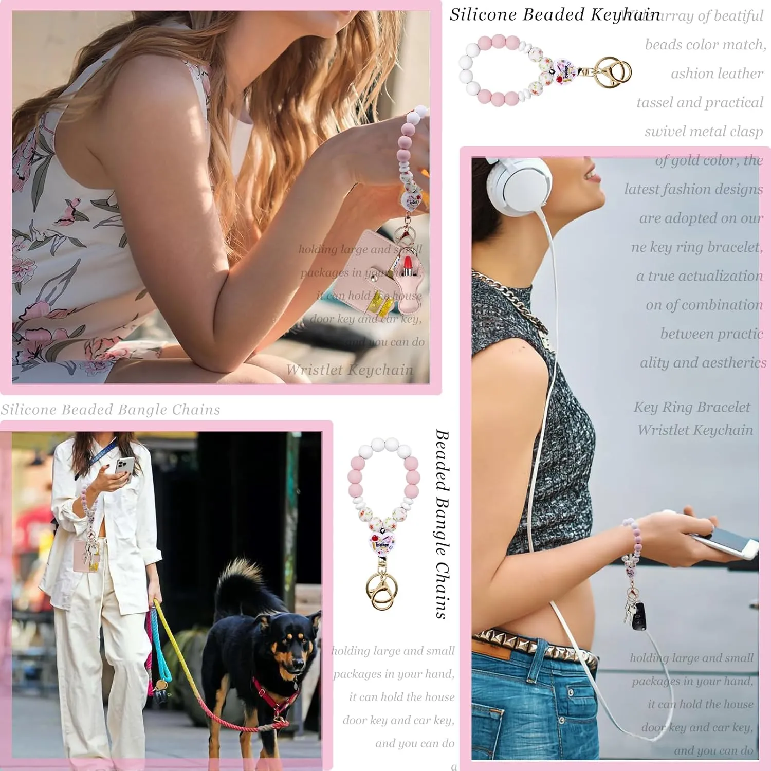 BIHRTC Silicone Bead Keychain Bracelet Wristlet Keychain Key Ring Bracelet Bangle Chain for Women Car Key Chain Ring
