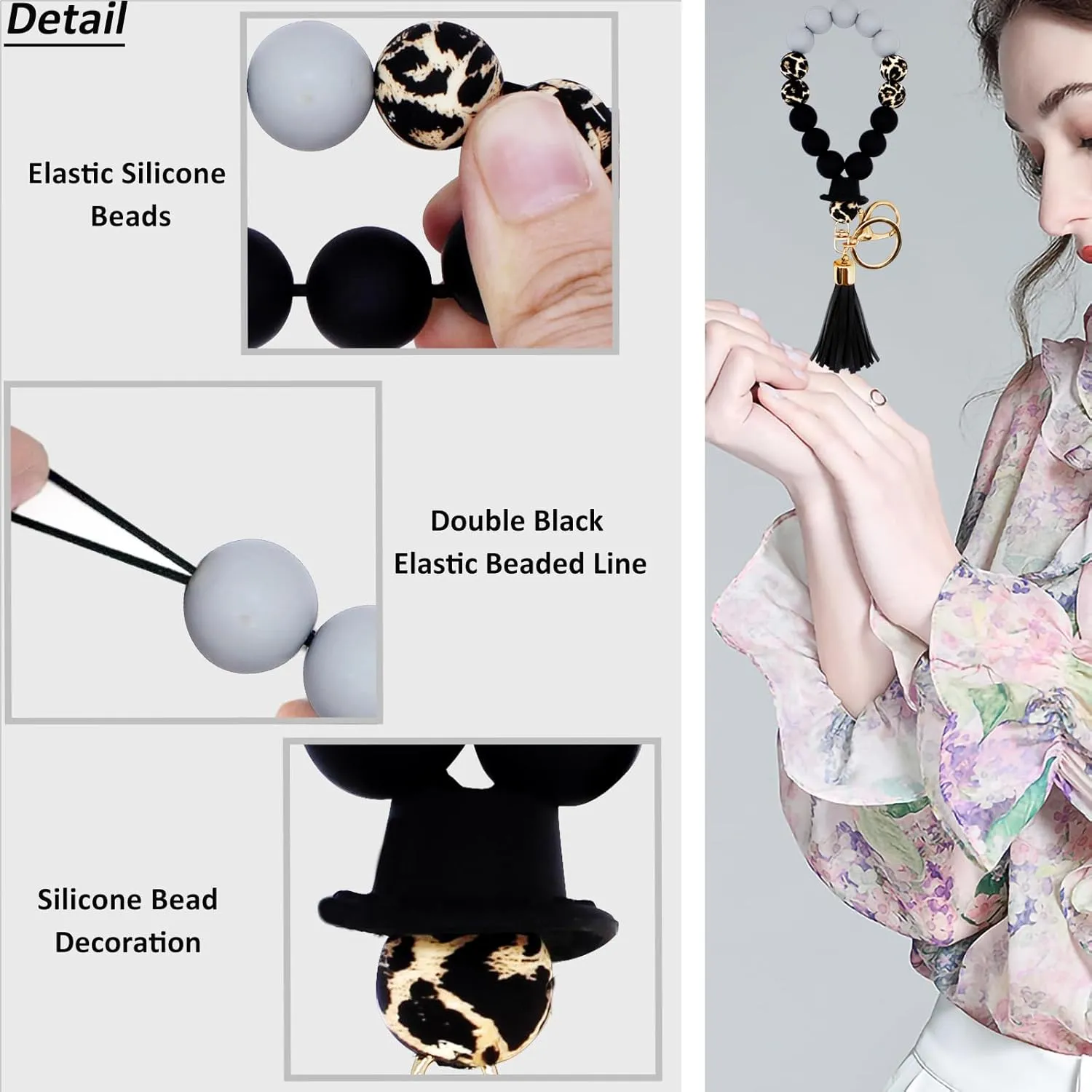 BIHRTC Wristlet Bracelet Wallet Keychain Slicone Bead Bangle Key Ring Bangle Chain for Women Car Keys Ring