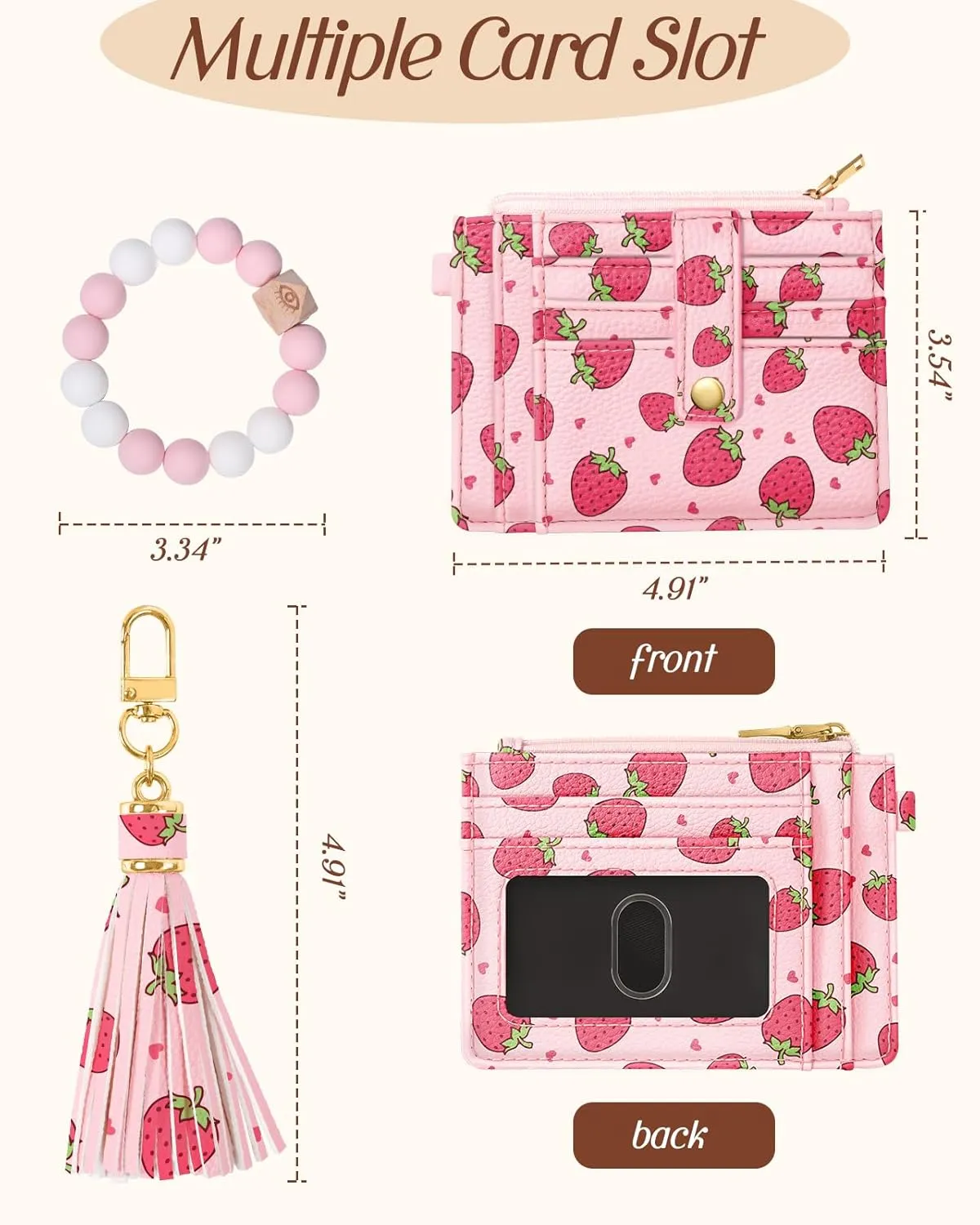Bistup Wallet Keychain Wristlet for Women - Credit Card Holder Wallets Key Chain Ring Cute Design Slim Small RFID Coin Pocket Purse for Ladies Teen Girls Fashion Strawberry