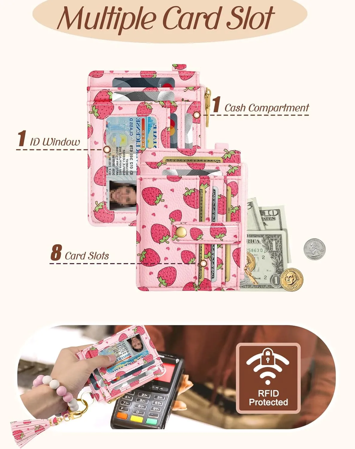 Bistup Wallet Keychain Wristlet for Women - Credit Card Holder Wallets Key Chain Ring Cute Design Slim Small RFID Coin Pocket Purse for Ladies Teen Girls Fashion Strawberry