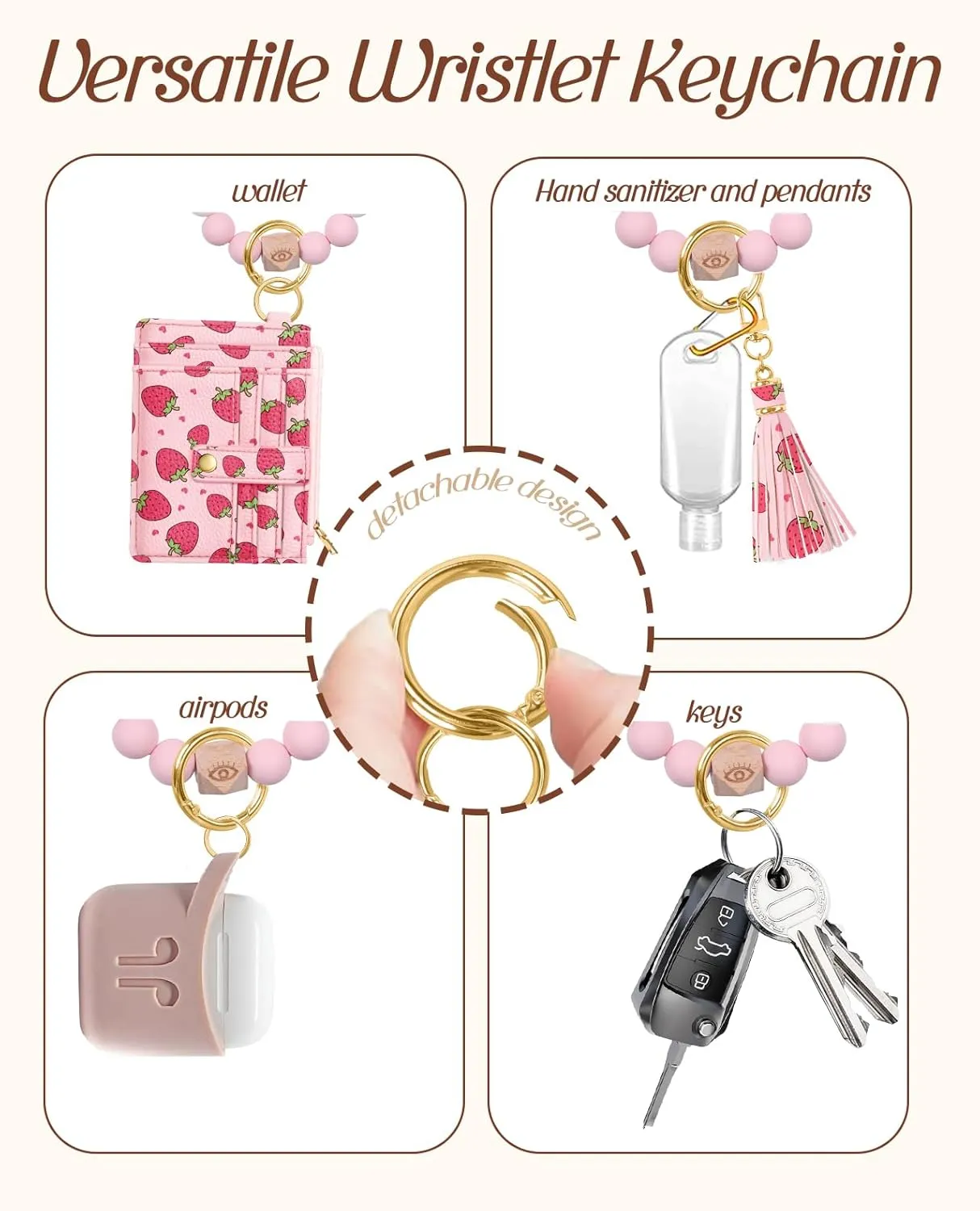 Bistup Wallet Keychain Wristlet for Women - Credit Card Holder Wallets Key Chain Ring Cute Design Slim Small RFID Coin Pocket Purse for Ladies Teen Girls Fashion Strawberry