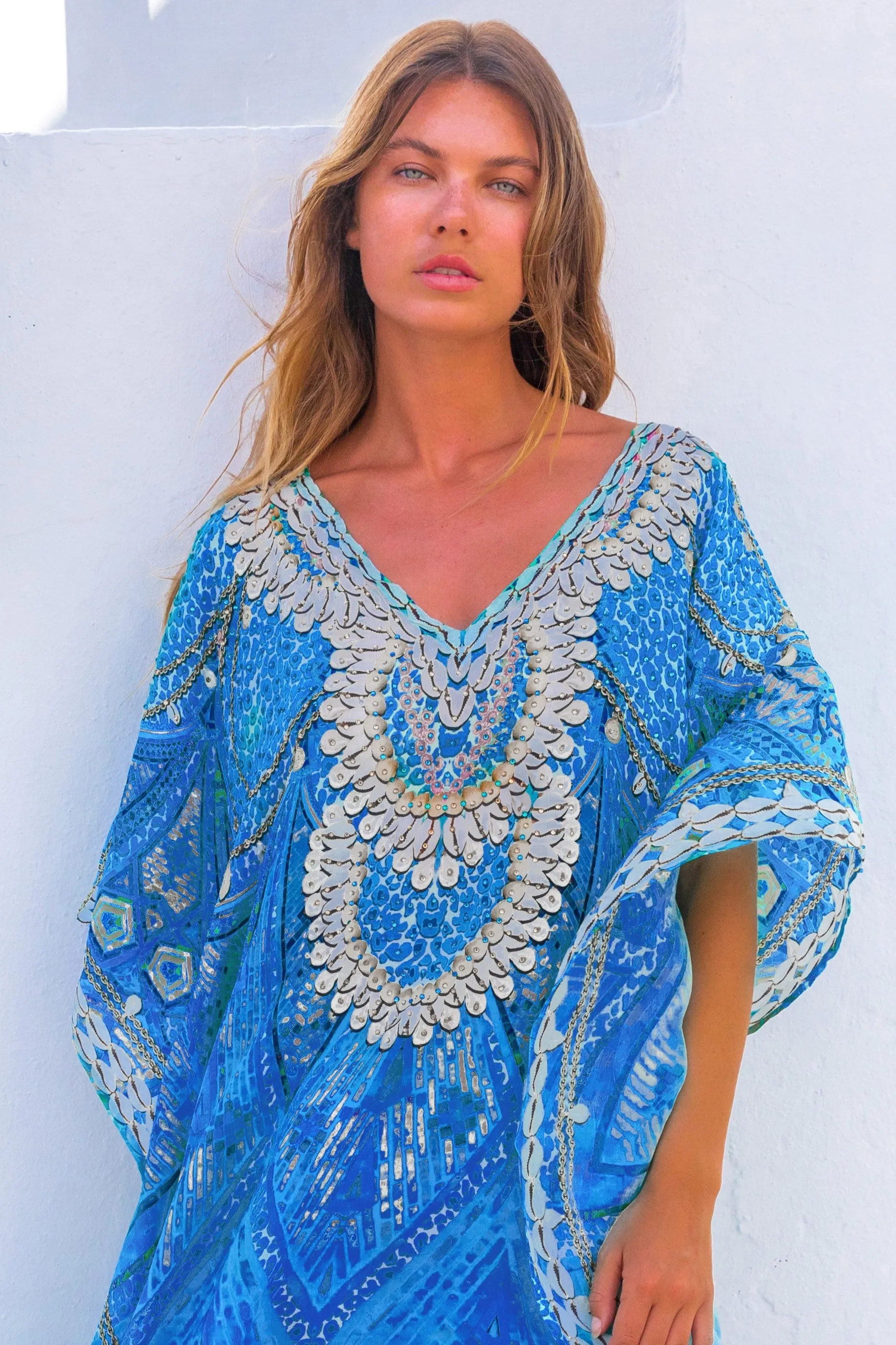 Blue sparkly silk designer beach cover up