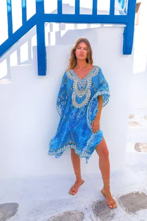 Blue sparkly silk designer beach cover up