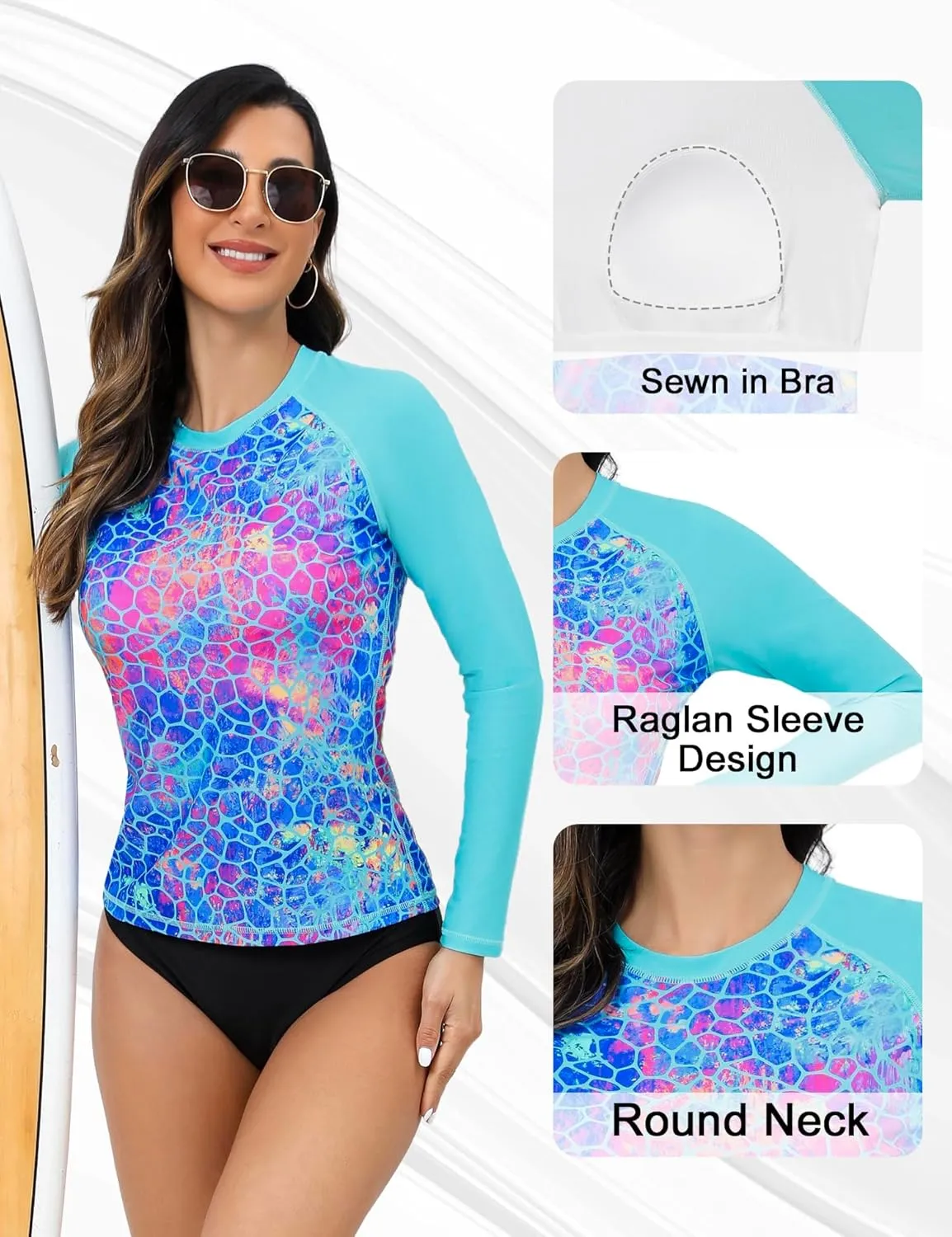 Bonneuitbebe Women Rash Guard with Bra UPF 50  Long Sleeve Swim Shirts Quick Dry Printed SPF Shirts Beach Water Swimwear