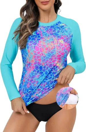 Bonneuitbebe Women Rash Guard with Bra UPF 50  Long Sleeve Swim Shirts Quick Dry Printed SPF Shirts Beach Water Swimwear