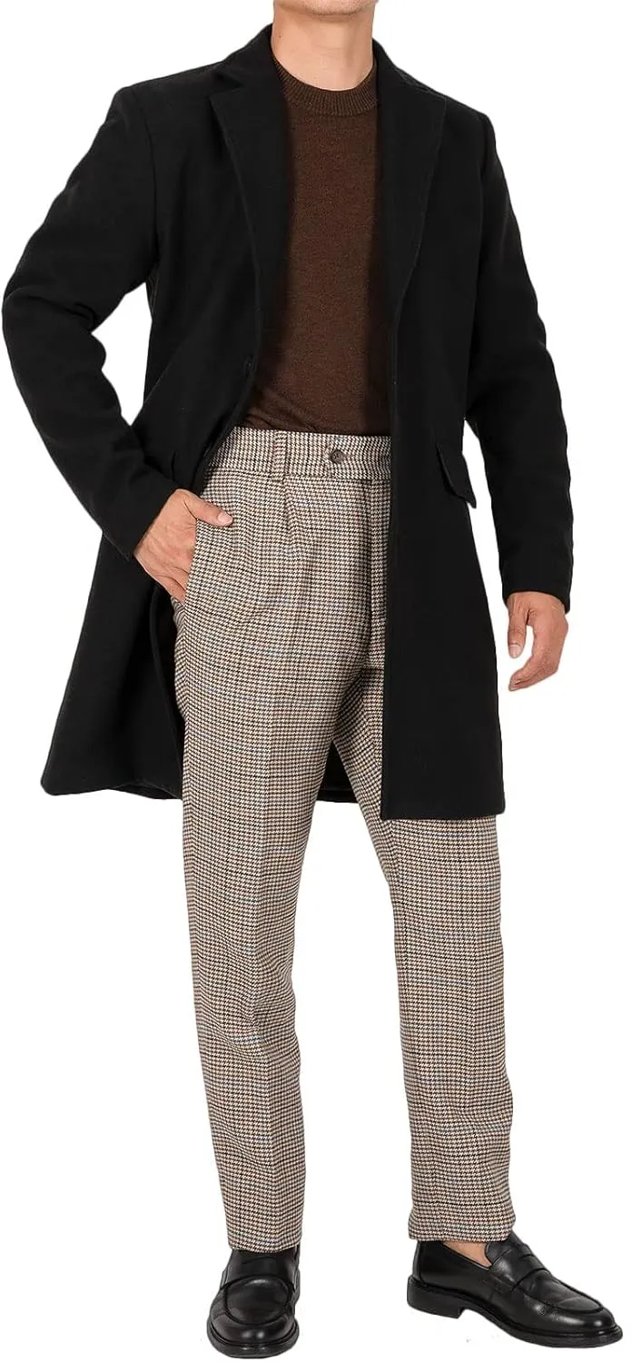 Bonnorth Men's Winter Notch Lapel Wool Blend Trench Coat Single Breasted Mid-Length Slim Warm Pea Overcoat with Pockets