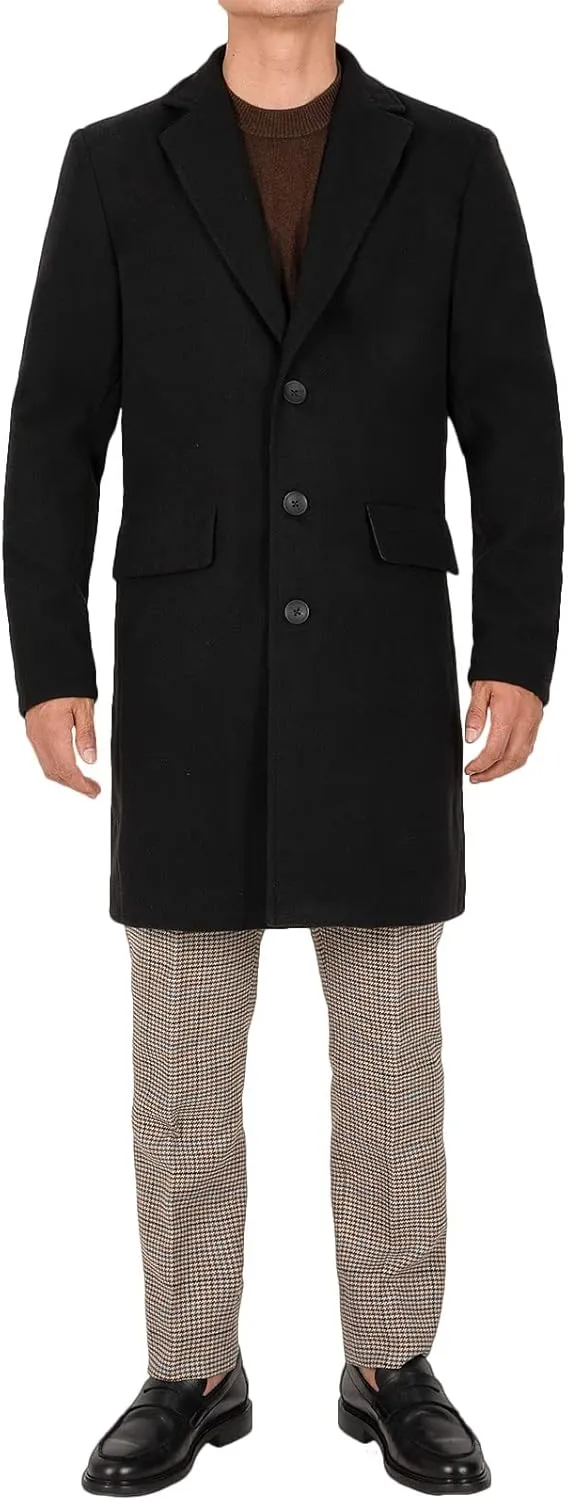 Bonnorth Men's Winter Notch Lapel Wool Blend Trench Coat Single Breasted Mid-Length Slim Warm Pea Overcoat with Pockets