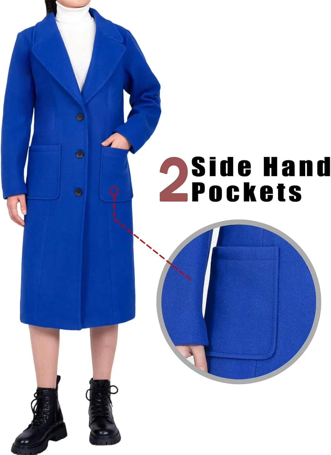Bonnorth Women's Wool Blend Single Breasted Mid-Long Pea Coat Fall Winter Essential Notched Collar Overcoat
