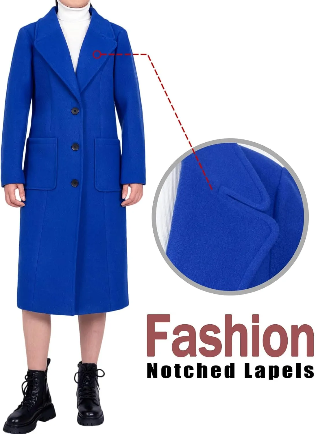 Bonnorth Women's Wool Blend Single Breasted Mid-Long Pea Coat Fall Winter Essential Notched Collar Overcoat