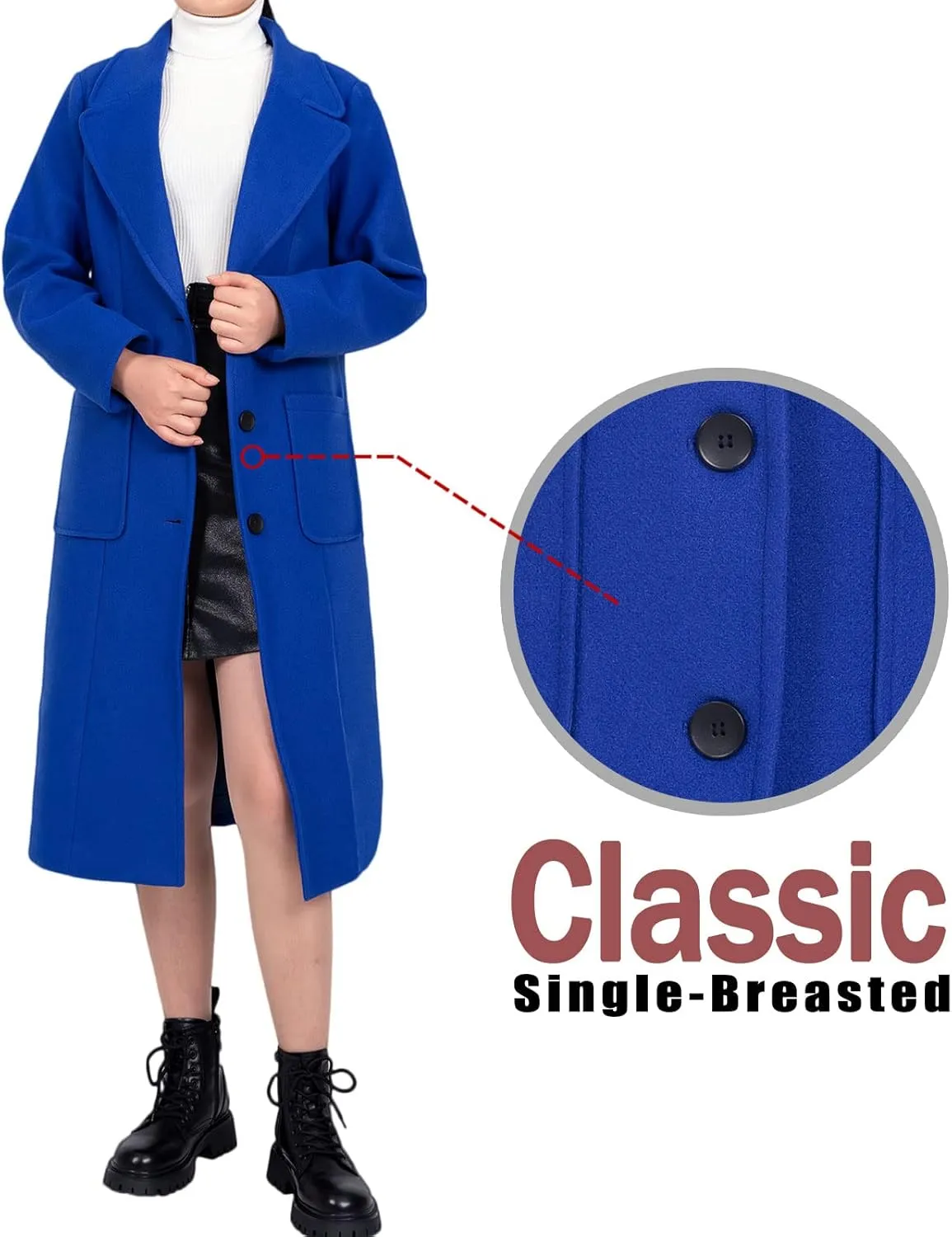 Bonnorth Women's Wool Blend Single Breasted Mid-Long Pea Coat Fall Winter Essential Notched Collar Overcoat