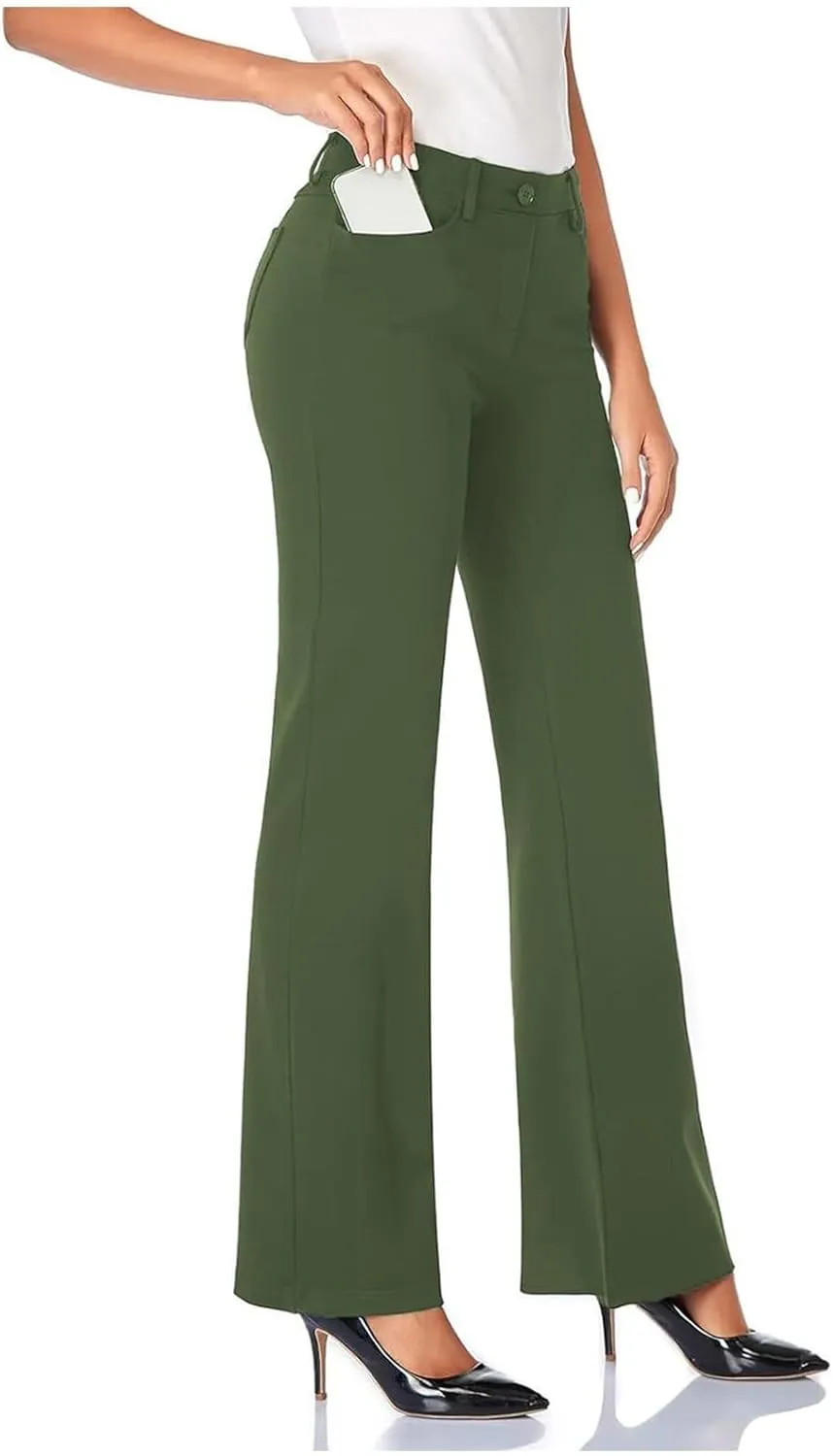 Bootcut Dress Pants Women Stretchy Work Business Office Casual Pull On Elastic Waist Trousers Slacks with Pockets