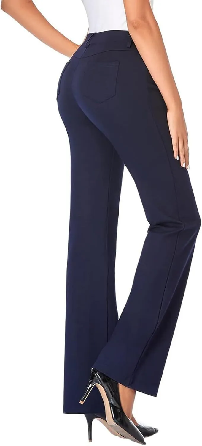 Bootcut Dress Pants Women Stretchy Work Business Office Casual Pull On Elastic Waist Trousers Slacks with Pockets