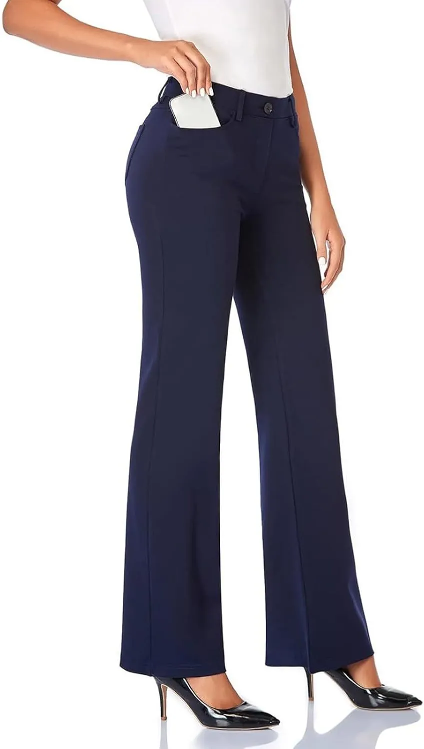 Bootcut Dress Pants Women Stretchy Work Business Office Casual Pull On Elastic Waist Trousers Slacks with Pockets