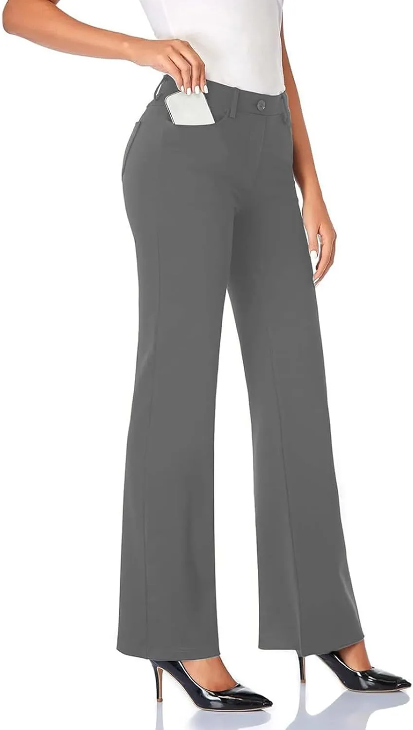 Bootcut Dress Pants Women Stretchy Work Business Office Casual Pull On Elastic Waist Trousers Slacks with Pockets
