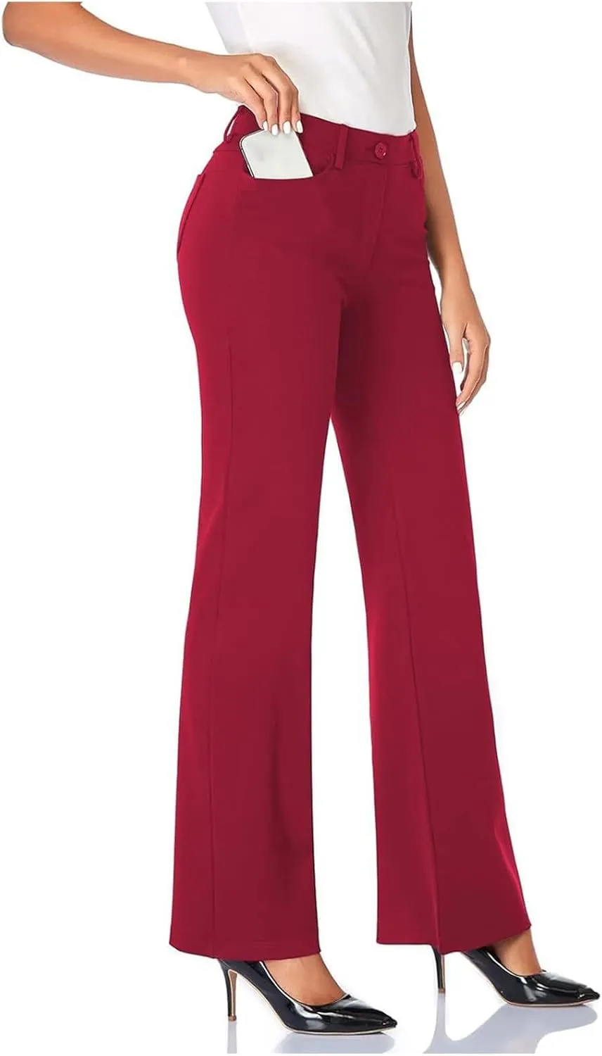 Bootcut Dress Pants Women Stretchy Work Business Office Casual Pull On Elastic Waist Trousers Slacks with Pockets