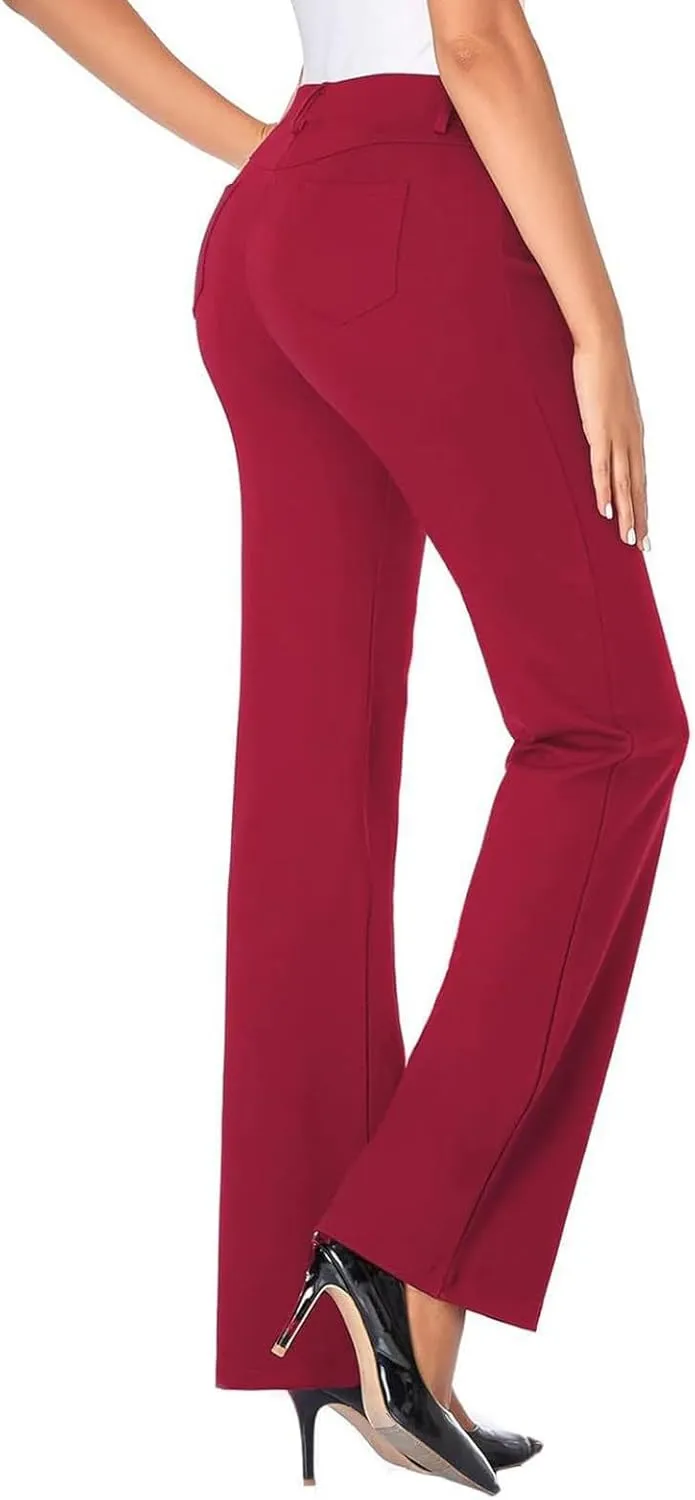 Bootcut Dress Pants Women Stretchy Work Business Office Casual Pull On Elastic Waist Trousers Slacks with Pockets